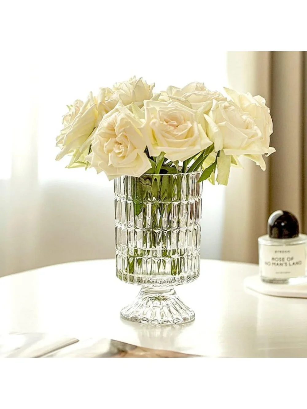 7'' Ribbed Crystal Glass Vase - Elegant Pedestal Design for Home, Office
